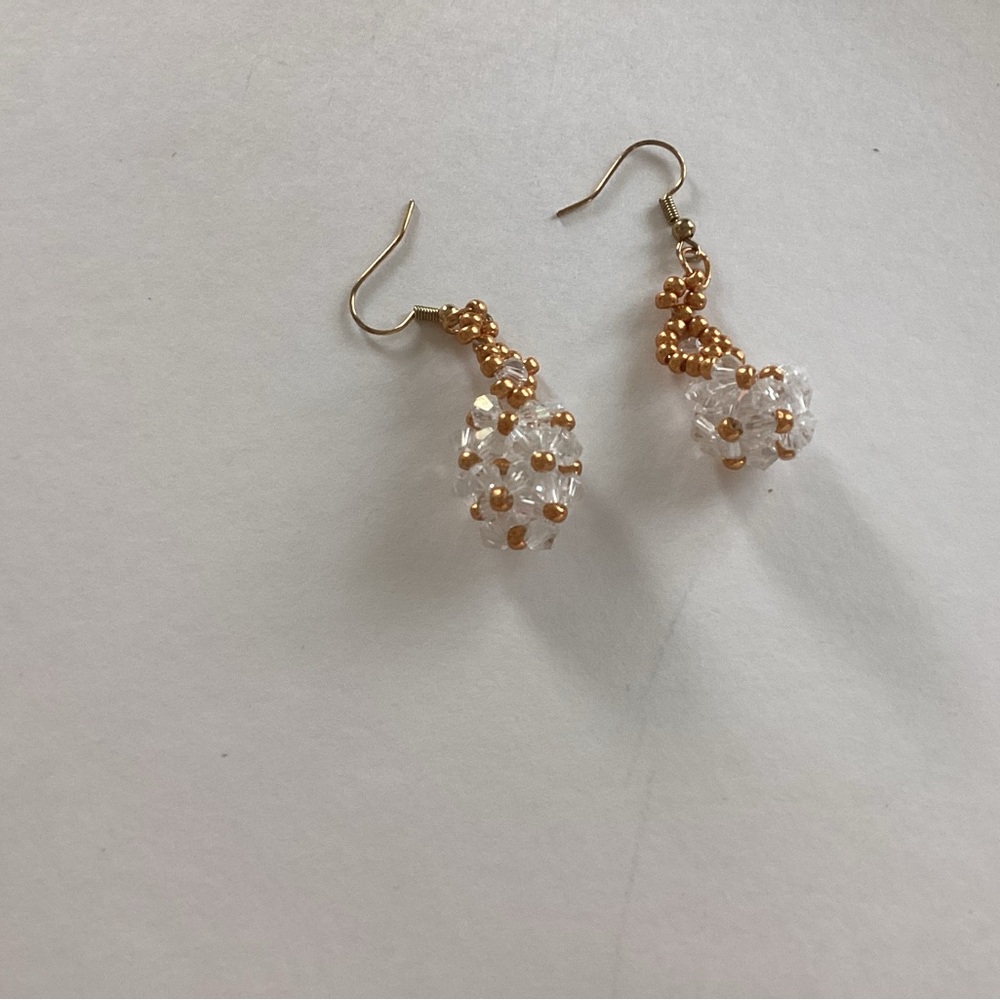 Gold and White Dangle Earrings with Intricate Design - Picture 1 of 1